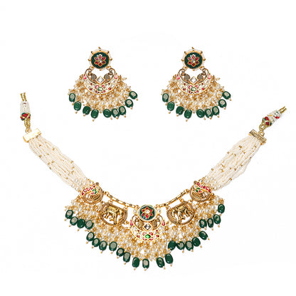 Kundan Pearl Choker Necklace Set, Handmade Indian Bridal Jewelry, Ethnic Statement Set