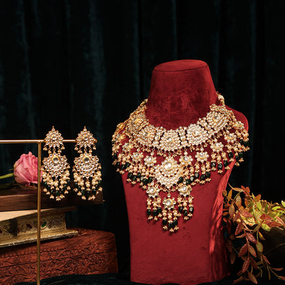 Bridal Necklace Set with Green Beads & Pearl Stone Earrings Jewelry