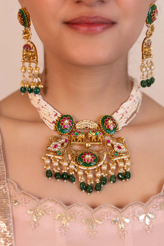 Multicolor Pearl Kundan Choker Set, Indian Bridal Jewelry, Festive Statement Necklace