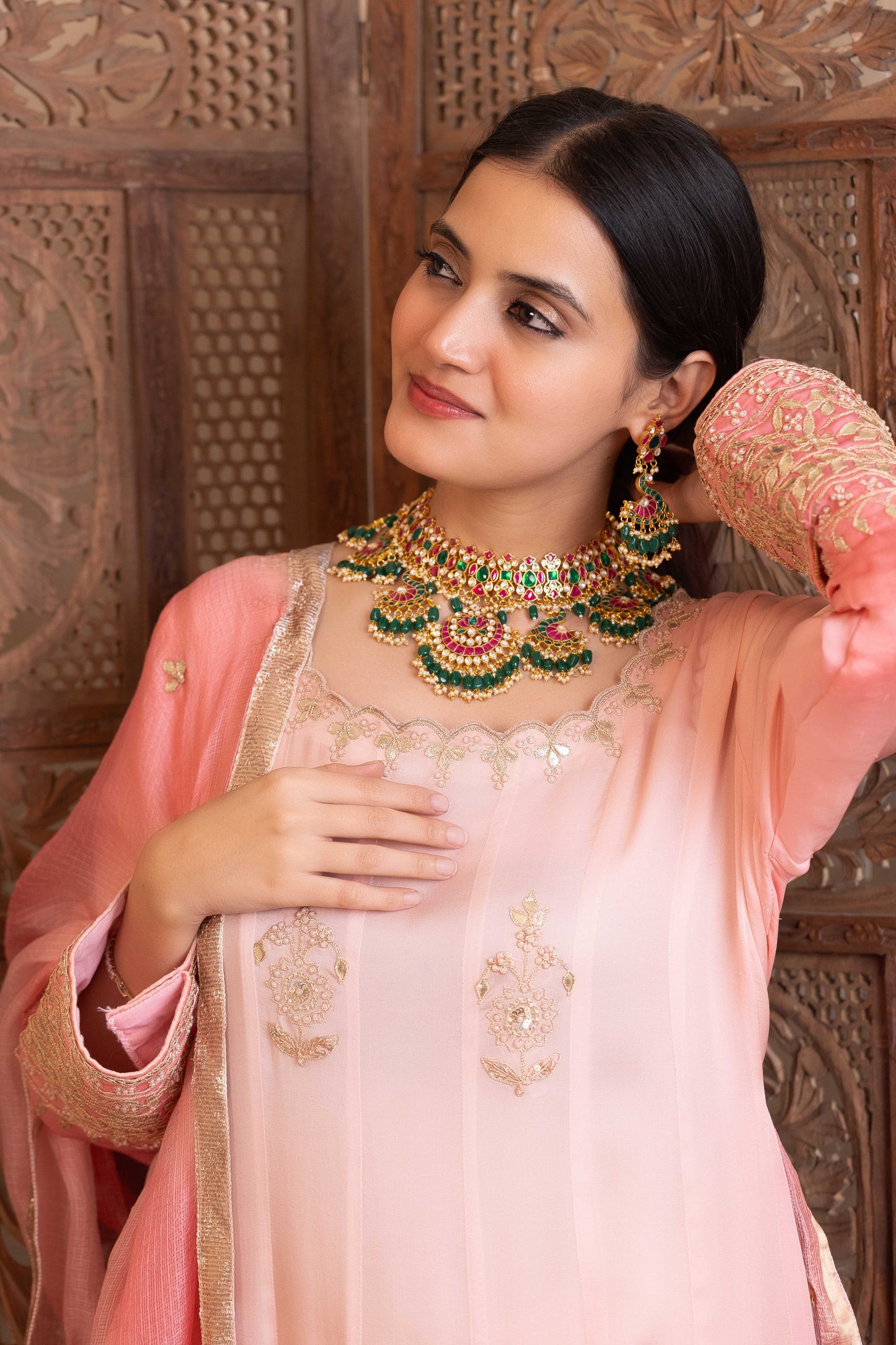 Peacock Design Pink and Green Beads Bridal Necklace & Earrings Set – Wedding Jewelry