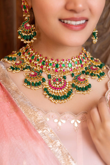 Peacock Design Pink and Green Beads Bridal Necklace & Earrings Set – Wedding Jewelry