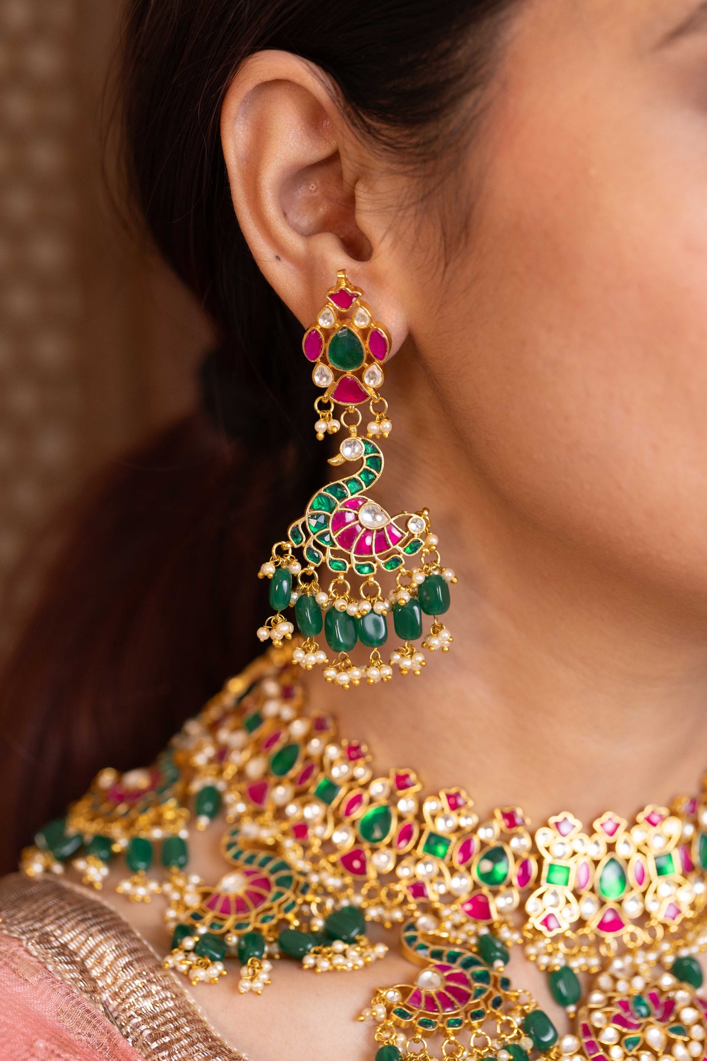 Peacock Design Pink and Green Beads Bridal Necklace & Earrings Set – Wedding Jewelry