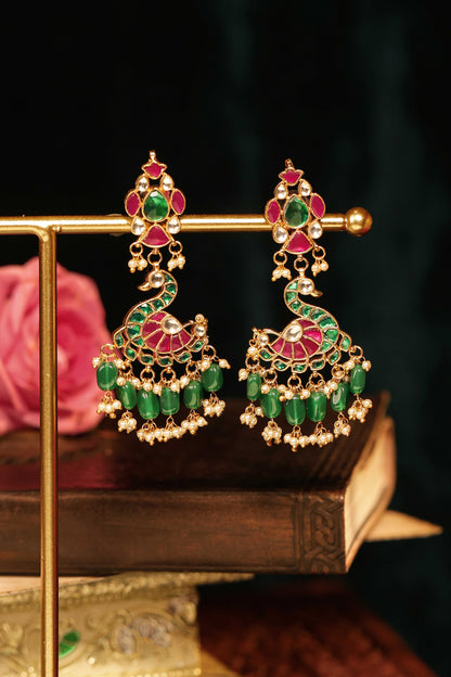 Peacock Design Pink and Green Beads Bridal Necklace & Earrings Set – Wedding Jewelry