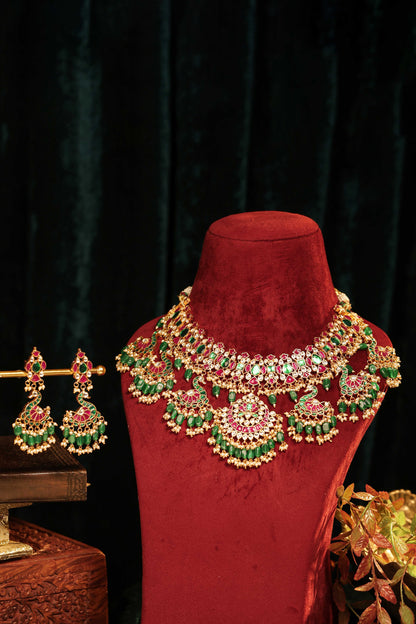 Peacock Design Pink and Green Beads Bridal Necklace & Earrings Set – Wedding Jewelry