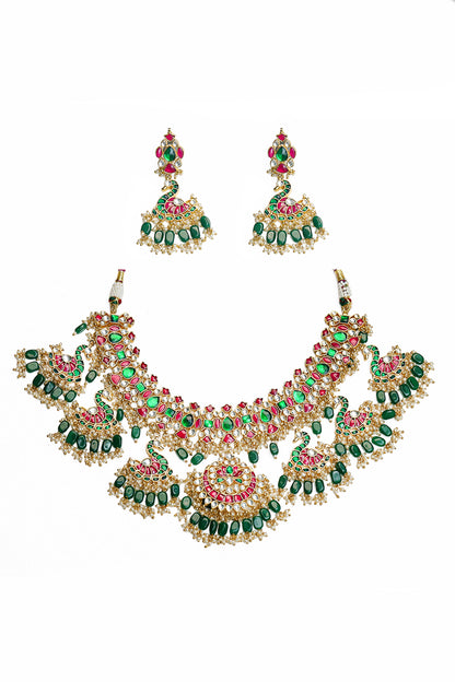 Peacock Design Pink and Green Beads Bridal Necklace & Earrings Set – Wedding Jewelry