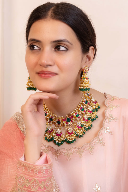 Kundan Choker Set, Ruby Green, Gold Plated Indian Jewelry Necklace Set