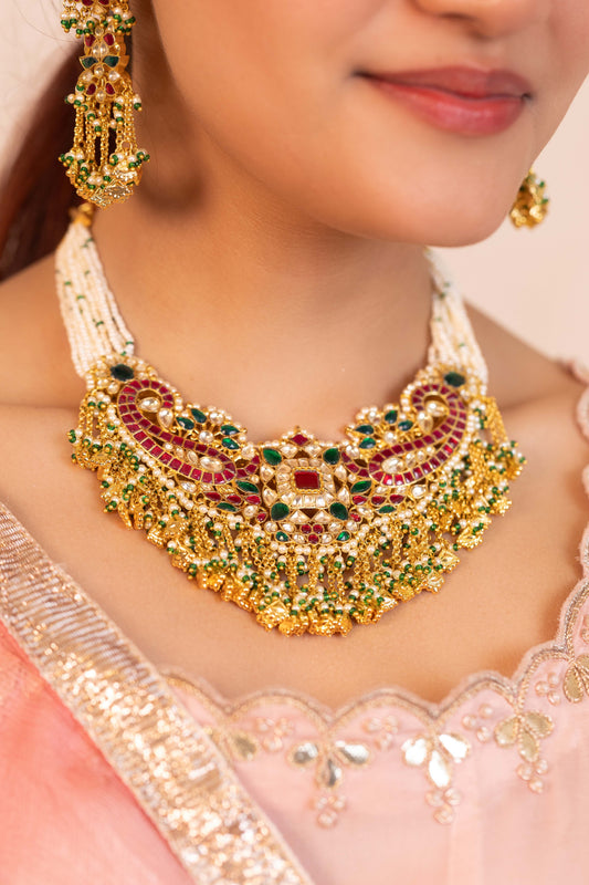 Green Kundan Bridal Jewelry Set, Gold Plated Choker Earrings Jewelry