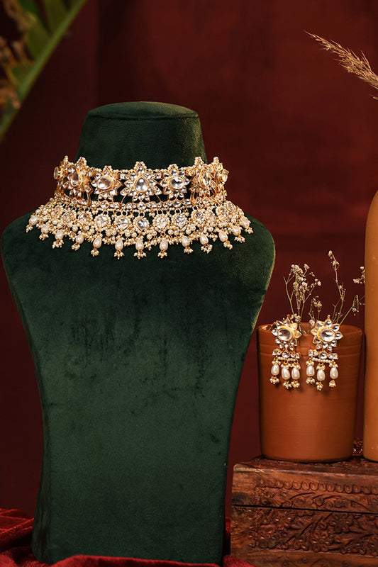 White Kundan Pearl Necklace, Handmade Bridal Wedding Choker Earrings