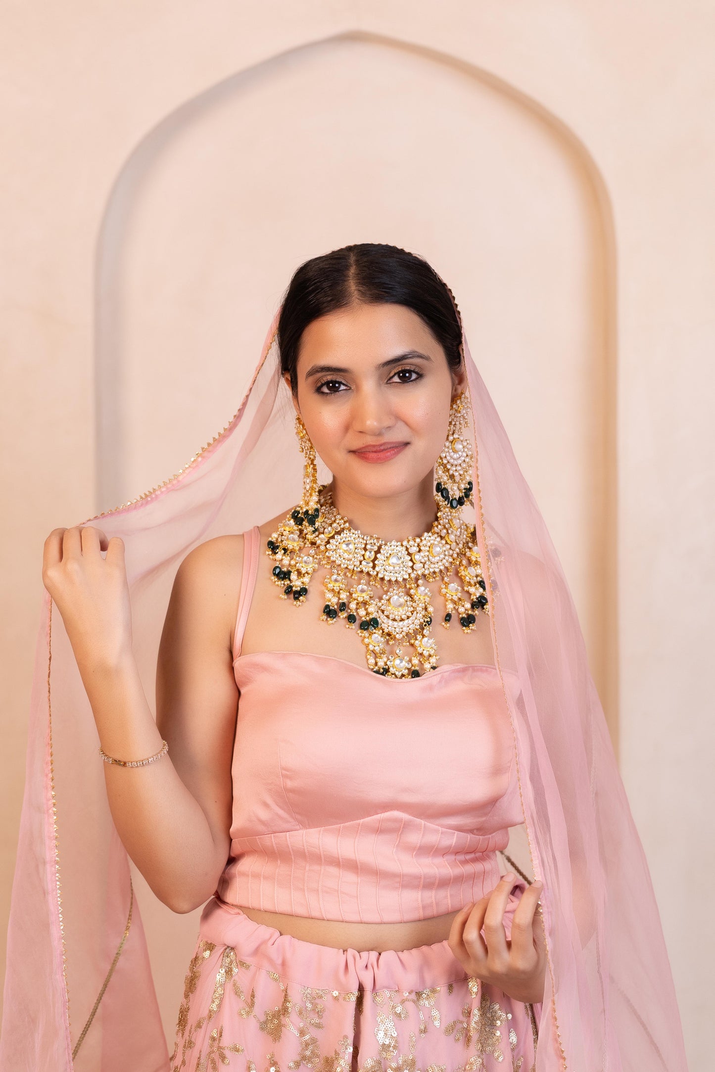 Bridal Necklace Set with Green Beads & Pearl Stone Earrings Jewelry