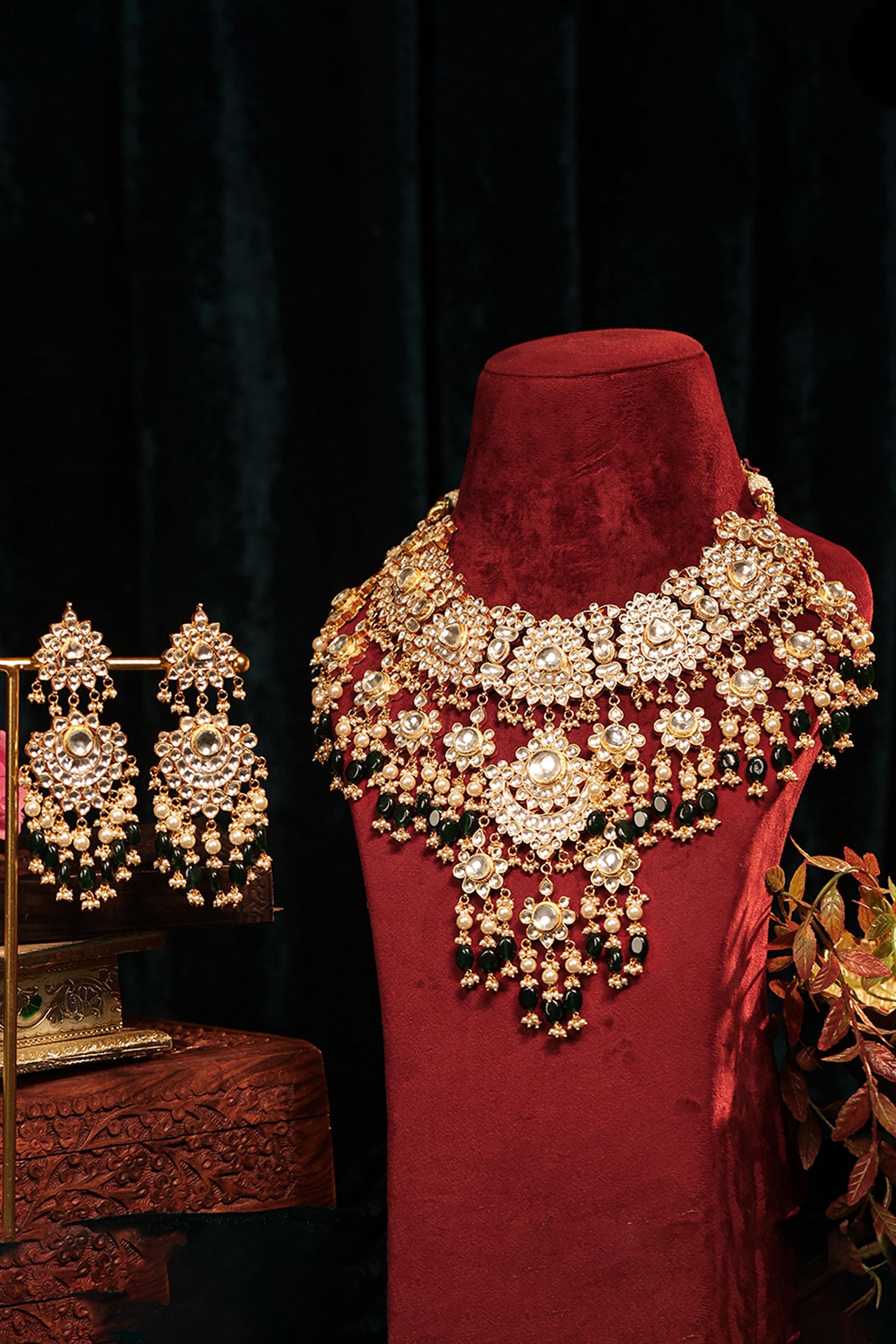 Bridal Necklace Set with Green Beads & Pearl Stone Earrings Jewelry