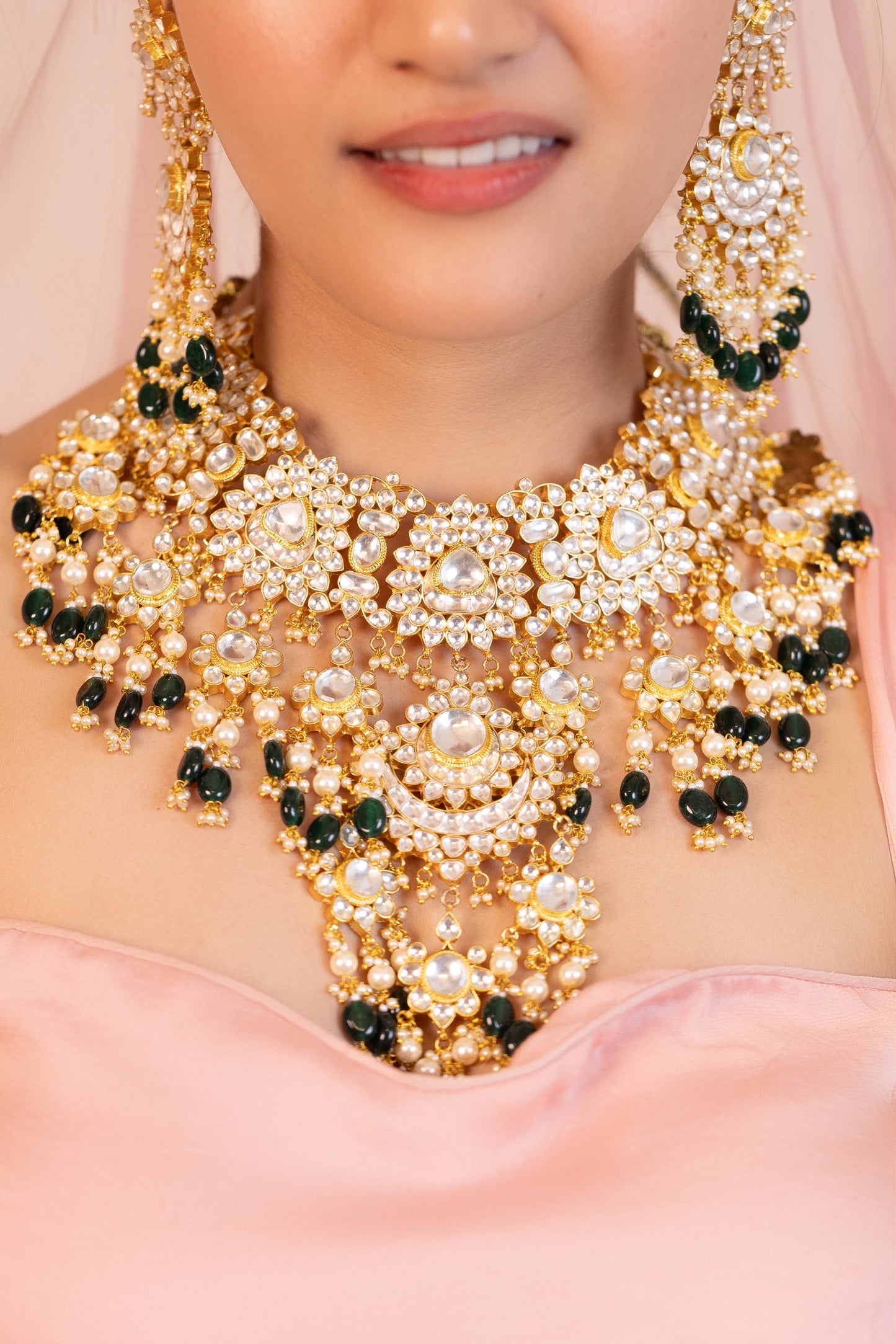 Bridal Necklace Set with Green Beads & Pearl Stone Earrings Jewelry