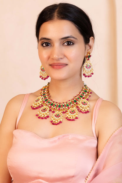 Kundan Choker Set Necklace, Pink & Green Stone, Gold Plated Wedding Jewelry
