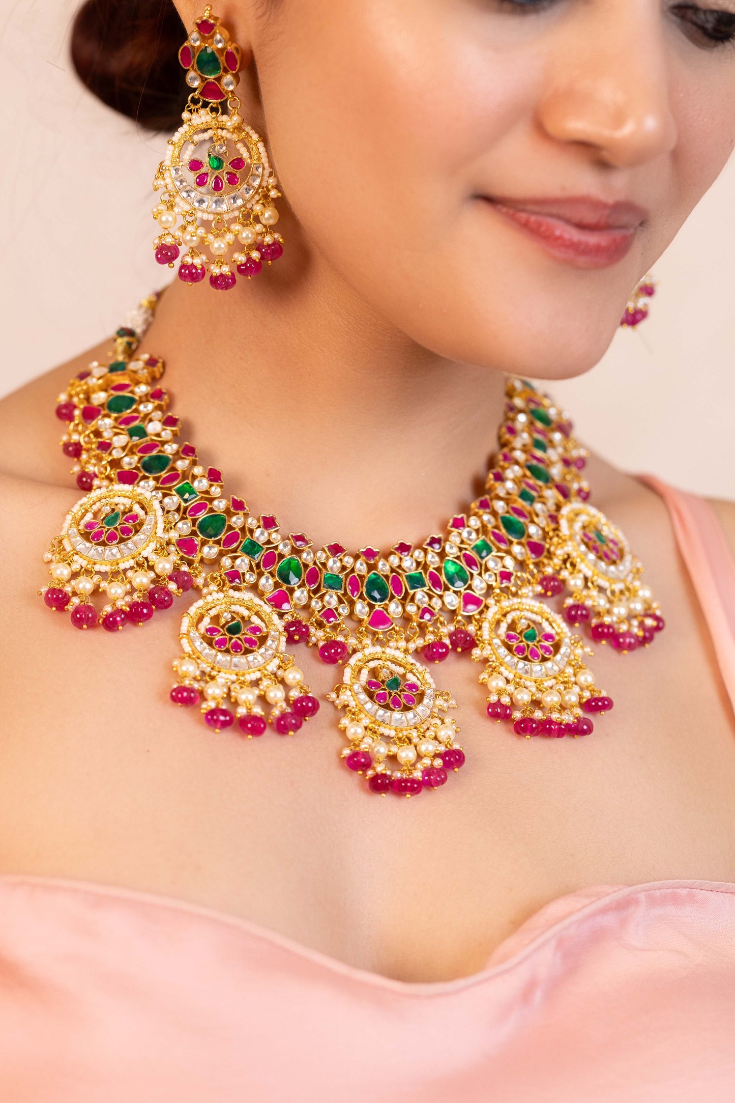 Kundan Choker Set Necklace, Pink & Green Stone, Gold Plated Wedding Jewelry
