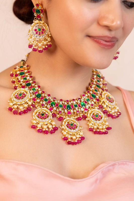 Kundan Choker Set Necklace, Pink & Green Stone, Gold Plated Wedding Jewelry