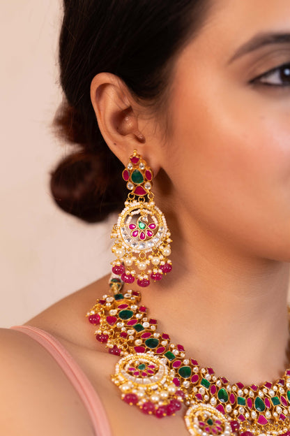 Kundan Choker Set Necklace, Pink & Green Stone, Gold Plated Wedding Jewelry