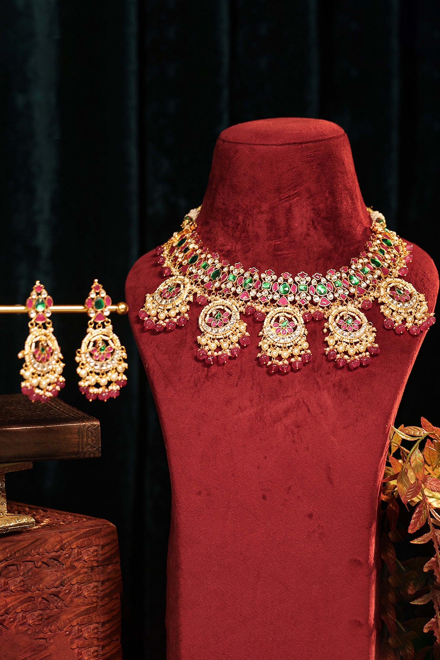 Kundan Choker Set Necklace, Pink & Green Stone, Gold Plated Wedding Jewelry