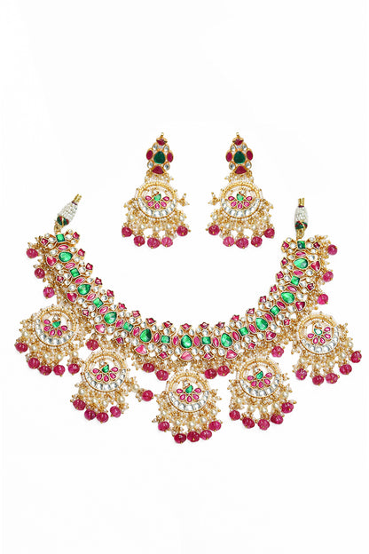 Kundan Choker Set Necklace, Pink & Green Stone, Gold Plated Wedding Jewelry
