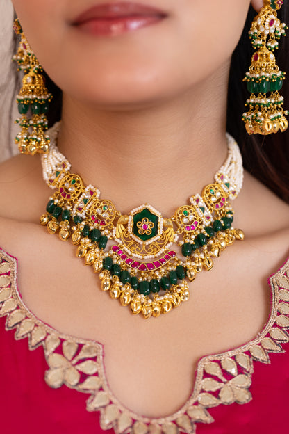 Green Bead Bridal Choker Necklace Set, Royal Wedding Jewelry, Ethnic Bridal Set