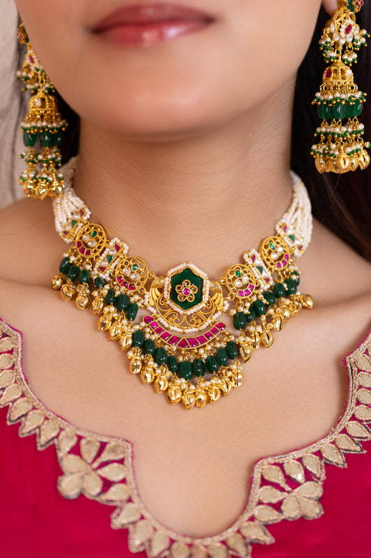 Green Bead Bridal Choker Necklace Set, Royal Wedding Jewelry, Ethnic Bridal Set