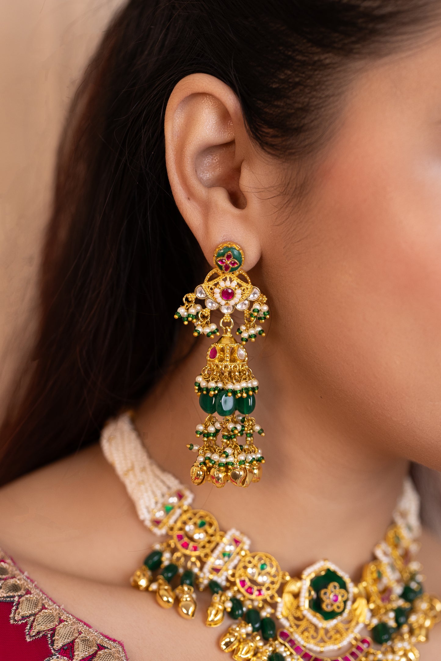 Green Bead Bridal Choker Necklace Set, Royal Wedding Jewelry, Ethnic Bridal Set