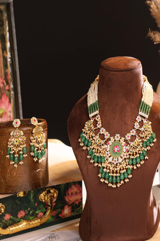Kundan Choker Set Necklace, Green Beads Necklace & Earrings, Bridal Jewelry