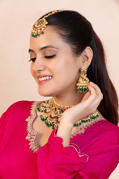 Handcrafted Multicolor Kundan Bridal Choker with Tikka Wedding Necklace Set Jewelry