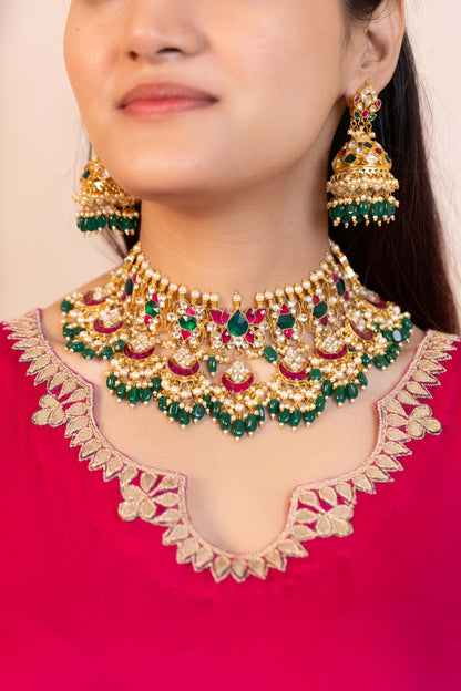 Handcrafted Multicolor Kundan Bridal Choker with Tikka Wedding Necklace Set Jewelry