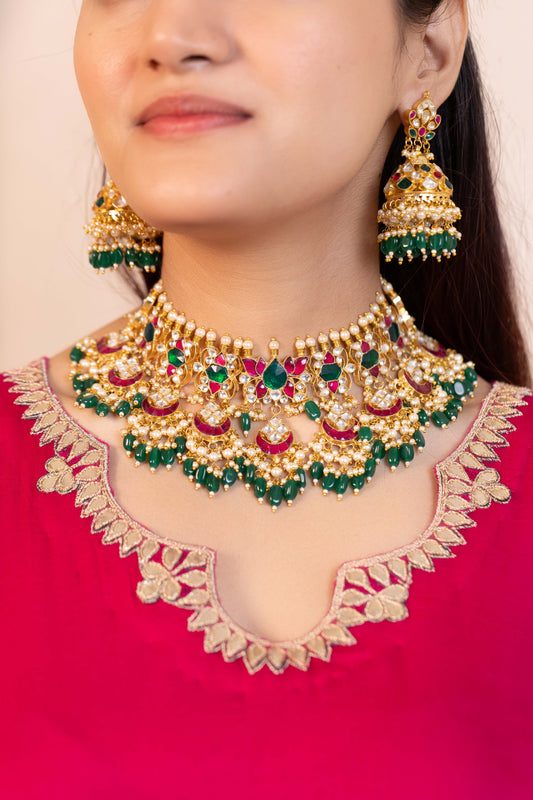 Handcrafted Multicolor Kundan Bridal Choker with Tikka Wedding Necklace Set Jewelry