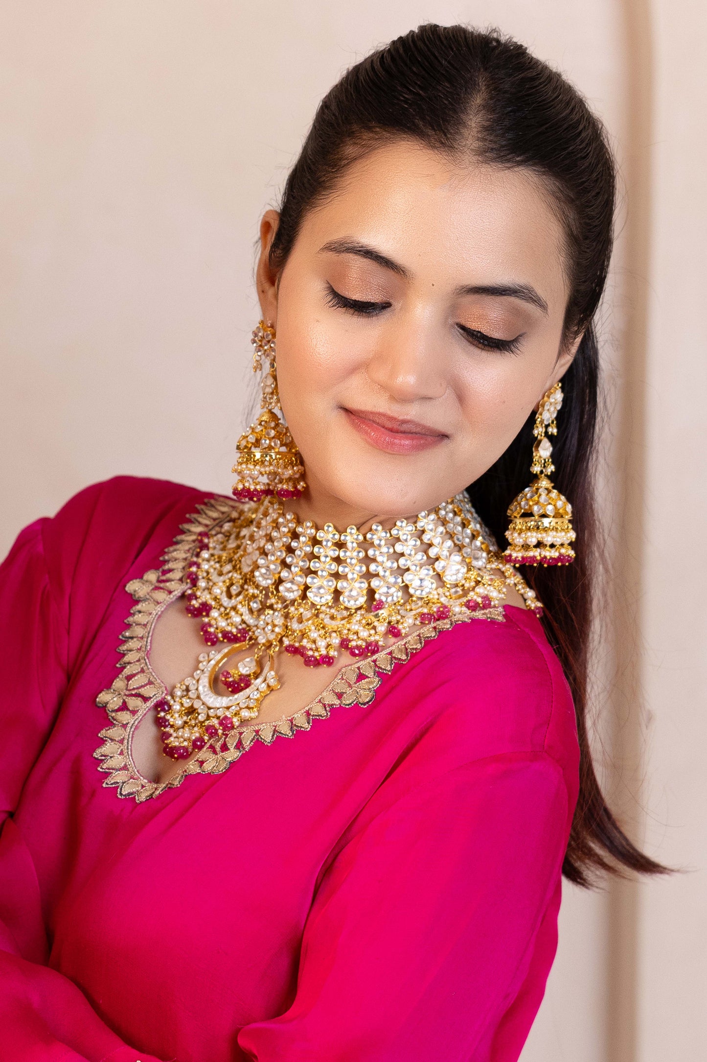 Vasundhara Premium Pink Drop Bridal Necklace & Earring Set for Brides