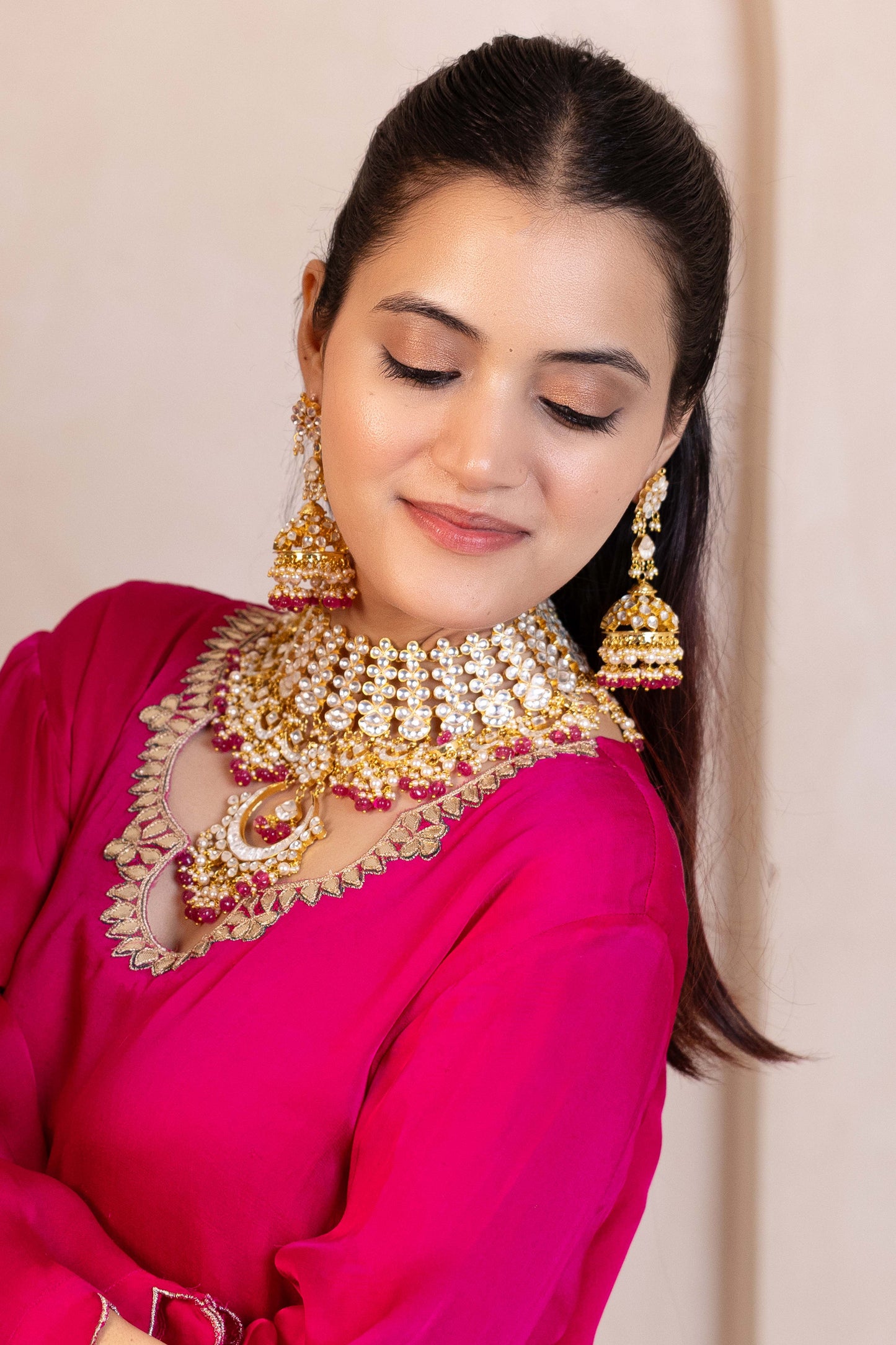 Vasundhara Premium Pink Drop Bridal Necklace & Earring Set for Brides