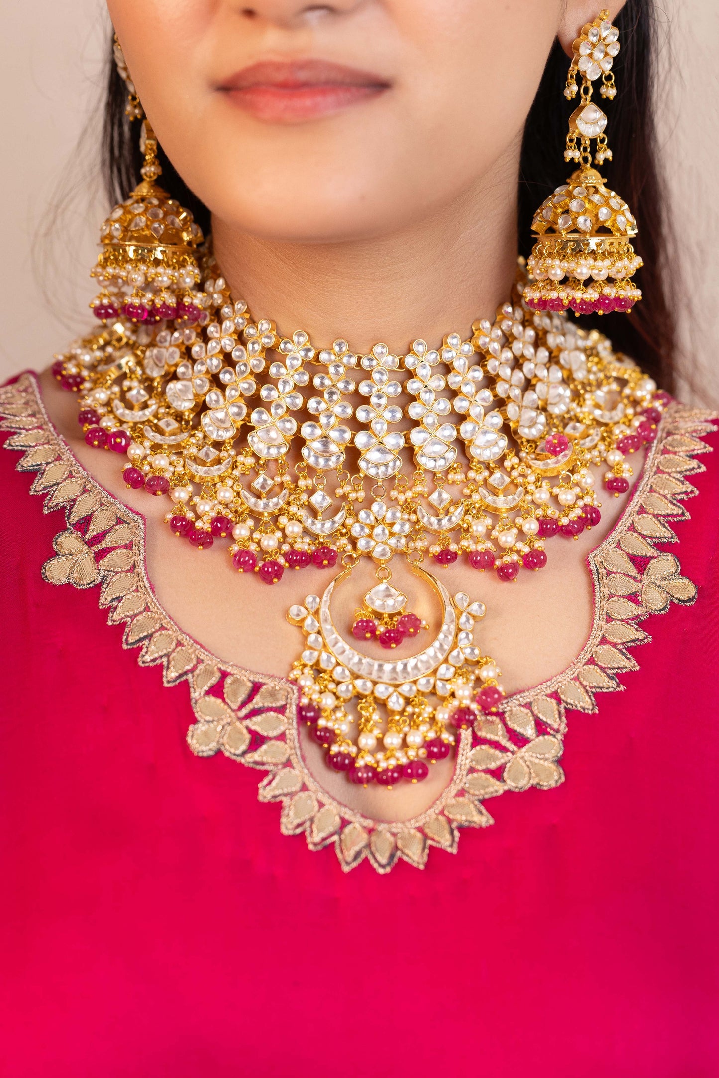 Vasundhara Premium Pink Drop Bridal Necklace & Earring Set for Brides