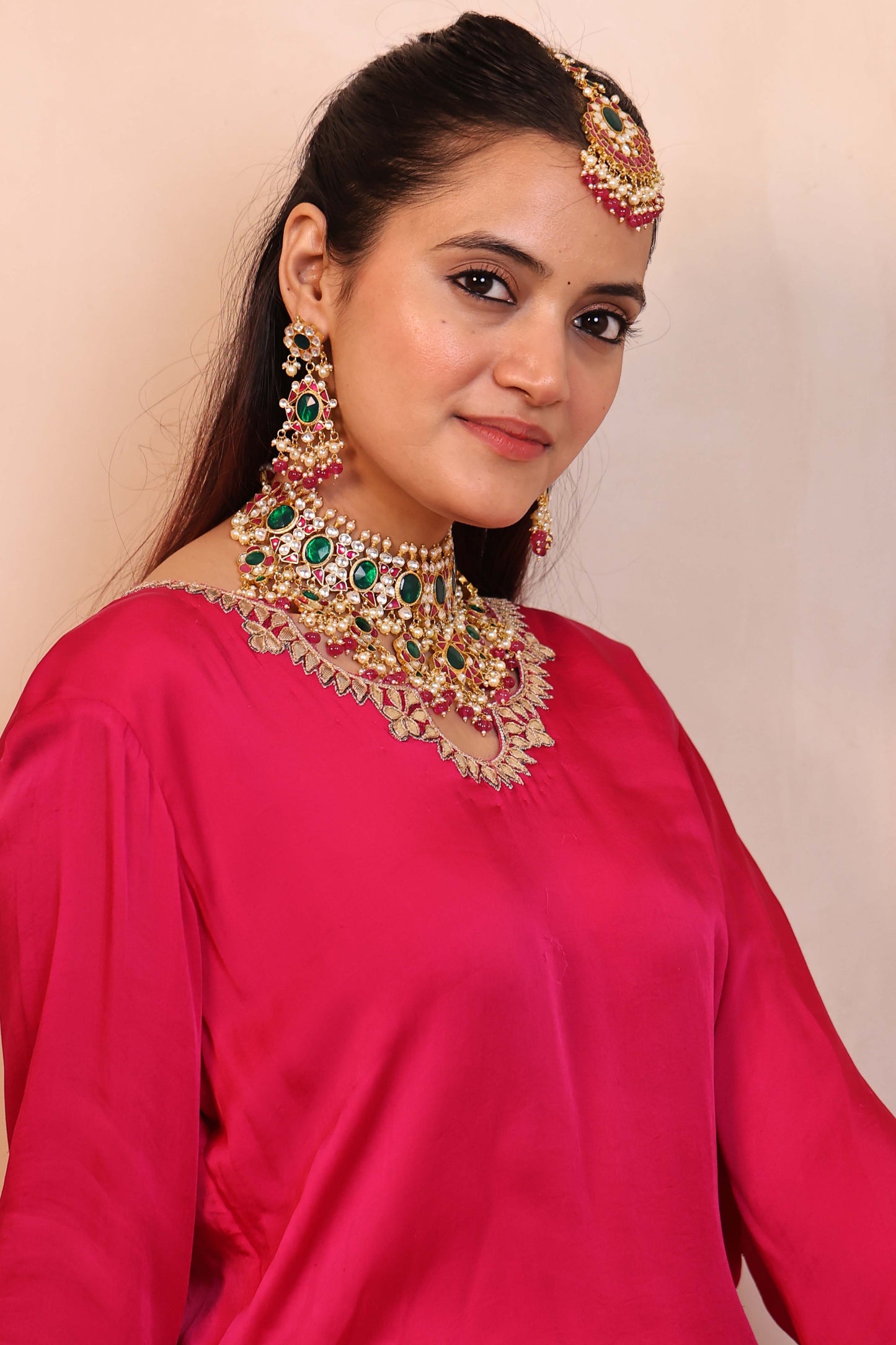 Green Pink Bridal Kundan Jewelry with Maang Tikka, Wedding Necklace, Traditional Bridal Set