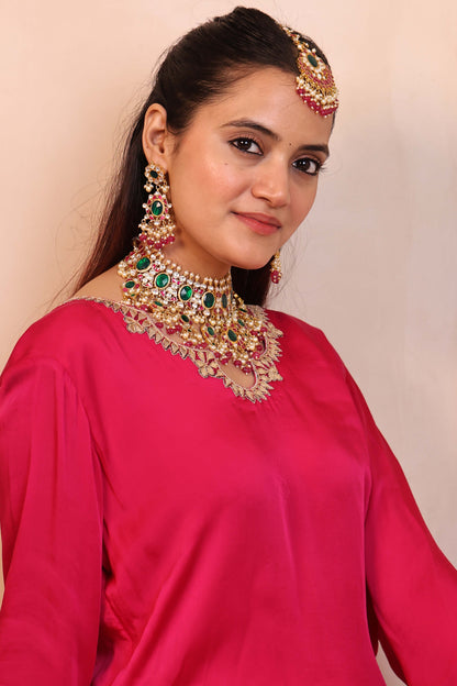 Green Pink Bridal Kundan Jewelry with Maang Tikka, Wedding Necklace, Traditional Bridal Set