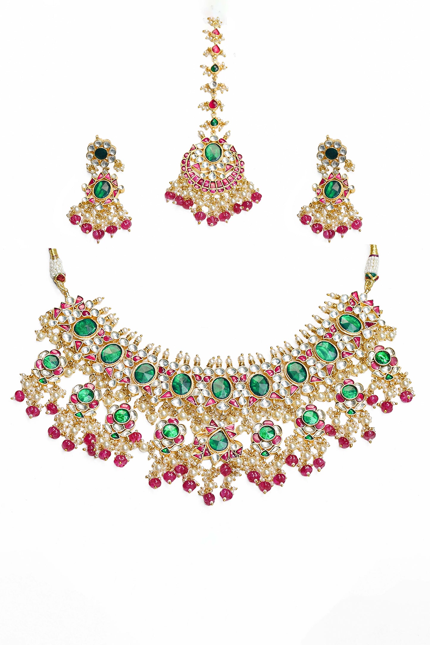 Green Pink Bridal Kundan Jewelry with Maang Tikka, Wedding Necklace, Traditional Bridal Set