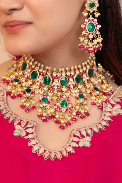 Green Pink Bridal Kundan Jewelry with Maang Tikka, Wedding Necklace, Traditional Bridal Set