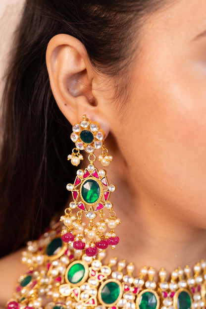 Green Pink Bridal Kundan Jewelry with Maang Tikka, Wedding Necklace, Traditional Bridal Set