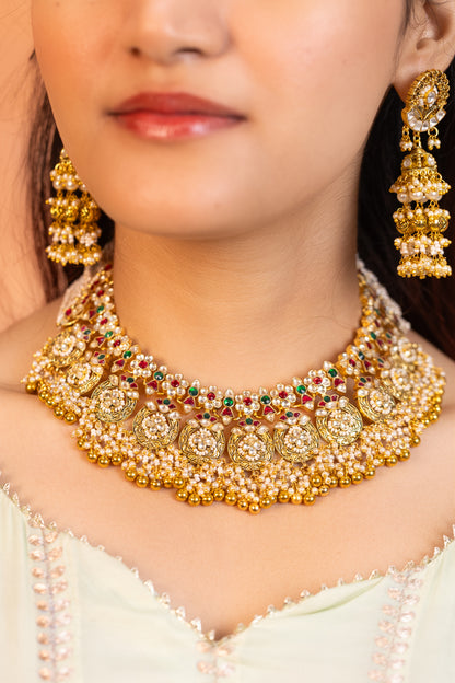 18k Gold Plated Pearl Bridal Choker Set – Traditional Wedding Necklace with Earrings