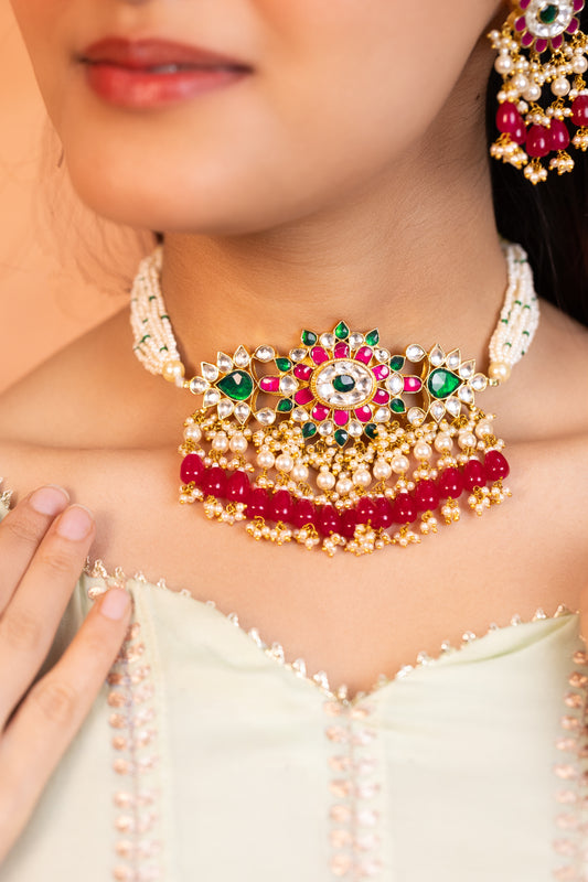 Red Kundan Bridal Choker Necklace Earrings Set – Traditional Jewelry