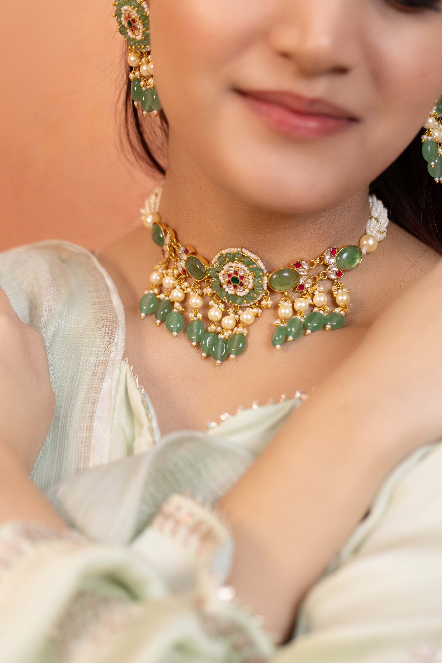 Emerald & Pearl Bridal Necklace Set – Handmade Indian Wedding Jewelry