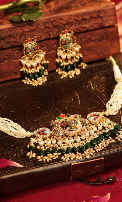 Handmade Traditional Green Bead Pendant Choker Set – Bridal Necklace Set