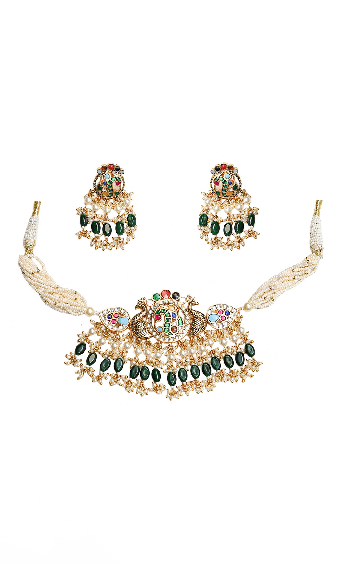 Handmade Traditional Green Bead Pendant Choker Set – Bridal Necklace Set