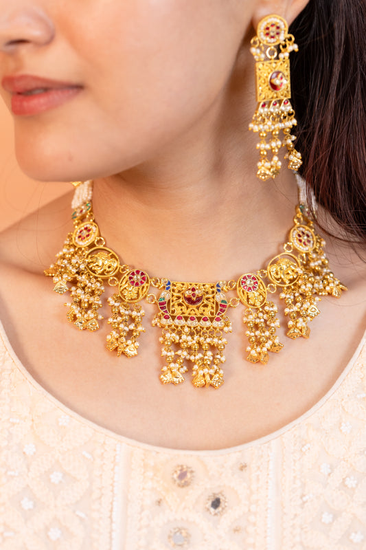 18K Gold Plated Pearl Stone Jewelry Set, Bridal Necklace Set, Wedding & Party Wear Jewelry