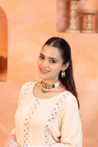 Green Bead Kundan Choker Necklace Set, Pearl Gemstone Earrings Jewelry
