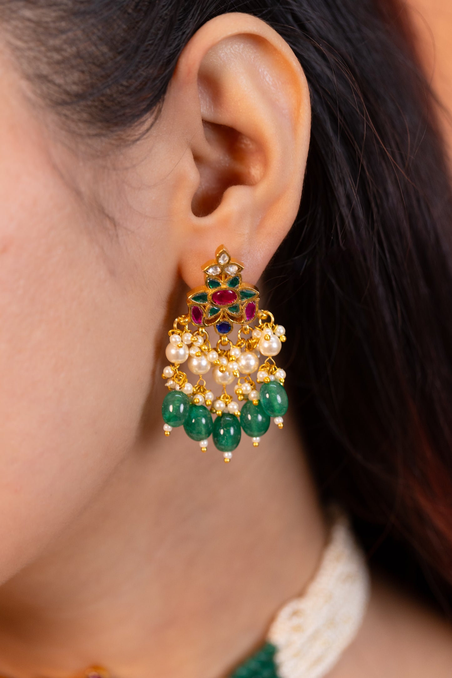 Green Bead Kundan Choker Necklace Set, Pearl Gemstone Earrings Jewelry