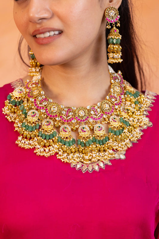 Kundan Bridal Necklace Set, Multicolor Wedding Jewelry, Choker Designer Jewelry