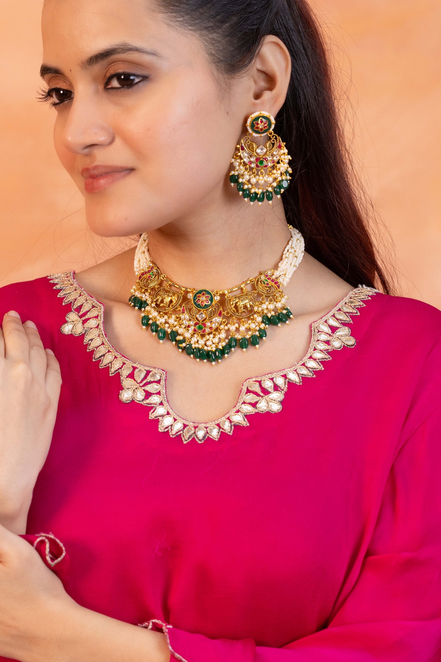 Kundan Pearl Choker Necklace Set, Handmade Indian Bridal Jewelry, Ethnic Statement Set