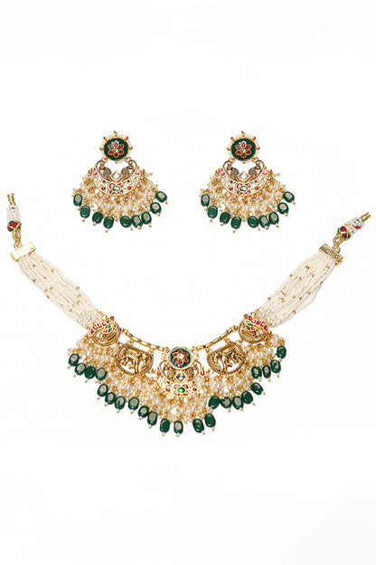 Kundan Pearl Choker Necklace Set, Handmade Indian Bridal Jewelry, Ethnic Statement Set