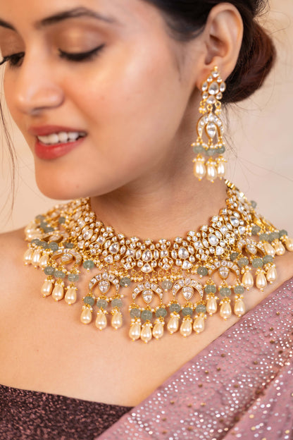 White Green Pearl Kundan Necklace Set by Dhanshree – Designer Indian Wedding Jewelry