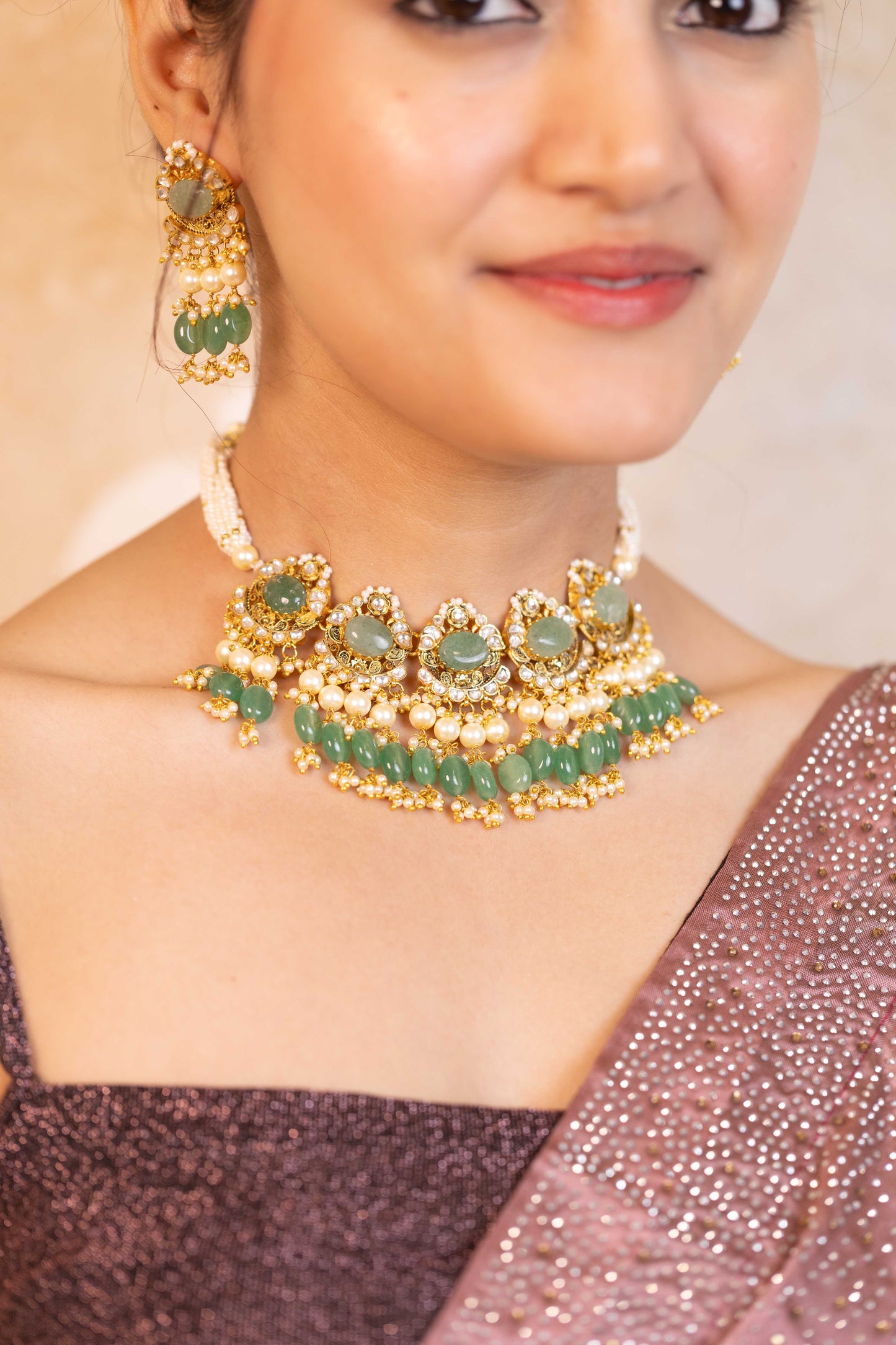 Traditional Green Kundan Stone Choker Set – Handmade Wedding Necklace Set