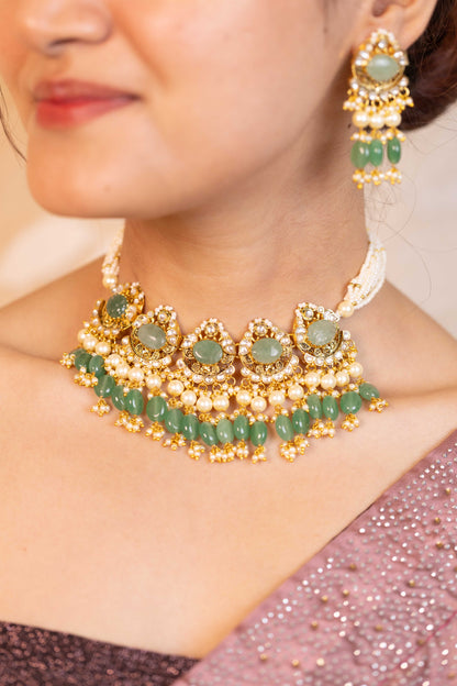 Traditional Green Kundan Stone Choker Set – Handmade Wedding Necklace Set
